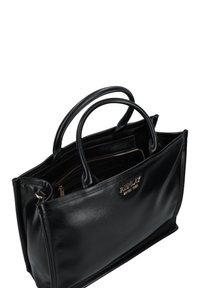 Borsa a mano in pelle nera con doppi manici arrotondati, interno con zip e logo impresso sulla parte frontale. Texture liscia, design strutturato, forma rettangolare.