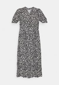 Schwarzes Kleid mit einem Leopardenmuster in Weiß, kurzen Puffärmeln und einem V-Ausschnitt, tailliert und mit einem ausgestellt Rock.