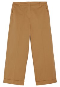 Beige, leveled-leg housut, jotka on valmistettu sileästä kankaasta. Ominaisuuksiin kuuluu kaksi etutaskua ja käänteet helmassa sekä siisti, räätälöity muotoilu.