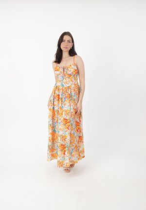 Maxi-jurk met een bloemenpatroon in oranje, blauw en gele tinten. Voorzien van verstelbare spaghettibandjes en een cinched empire taille. Gladde stof.