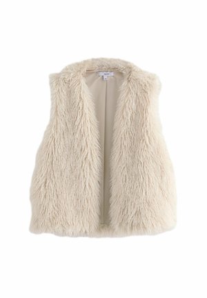 Veste sans manches en fausse fourrure beige avec une texture douce et un devant ouvert, étiquetée "Next" à l'intérieur du col.