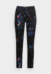 Černé džíny z denimu s vícebarevným abstraktním vzorem rozstříknuté barvy, slim fit, pět kapes a kovové zapínání na knoflík v pase.