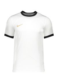 Witte korte mouwen shirt met zwarte kraag en accenten op de mouwen. Beschikt over een gouden Nike-logo en gestructureerde panelen aan de voorkant.