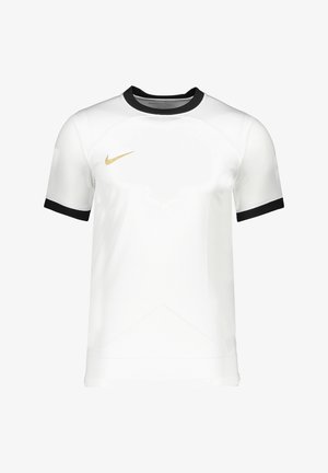 Chemise blanche à manches courtes avec col noir et accents de manches. Présente un logo Nike doré et des panneaux texturés à l'avant.