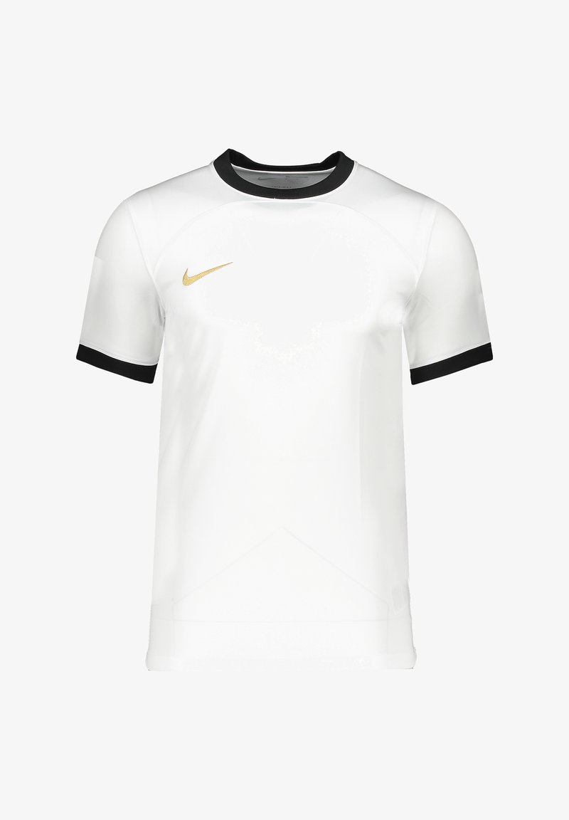 Witte korte mouwen shirt met zwarte kraag en accenten op de mouwen. Beschikt over een gouden Nike-logo en gestructureerde panelen aan de voorkant.