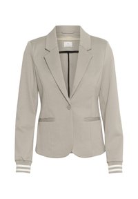 Lys grå blazer med skræddersyet pasform, enkelt knaplukning, to forlommer og ribbede stribede manchetter. Glat stof med en let glans.