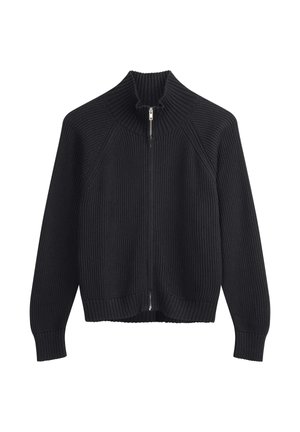 Zwarte geribbelde zip-up trui met een hoge kraag, voorzien van een gestructureerde stof, raglanmouwen en een aansluitende taille.