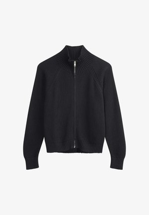 Zwarte geribbelde zip-up trui met een hoge kraag, voorzien van een gestructureerde stof, raglanmouwen en een aansluitende taille.
