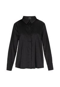 Sort satin-skjorte med spids krave, lange ærmer og knaplukning foran. Glat tekstur, skræddersyet pasform og uden synlige mønstre.