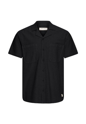 Chemise noire à manches courtes avec boutons, deux poches poitrine et un col décontracté, présentée sur un fond blanc uni.