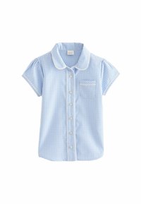 Korte mouwen shirt in lichtblauw en wit ruitpatroon, met een knoopsluiting aan de voorkant, kraag en een borstzak met kantafwerking.