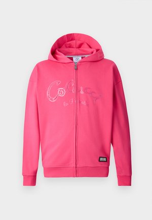 Rosa zip-up hettegenser med hette, dekorert med et brodert logo på brystet, ribbede mansjetter og et merke på nedre venstre side.