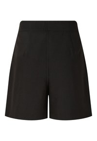 Short noir taille haute avec une large ceinture, jambes légèrement évasées et détails subtils de coutures verticales.