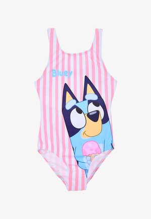 One-piece swimsuit with pink and white vertical stripes, featuring a blue cartoon dog holding an ice cream cone, labeled "Bluey."