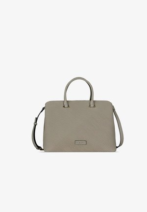Bolso de mano gris claro con textura, con dos asas cortas, correa de hombro ajustable y pequeña placa rectangular con el logo de Bugatti en la parte delantera.