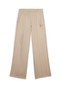Pantalones de pierna ancha beige con una cinturilla elástica texturizada, bolsillos laterales y el logo bordado "Freddy" en la parte delantera izquierda.