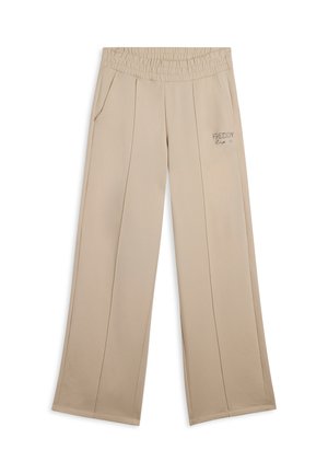 Pantaloni beige a gamba larga con vita elastica testurizzata, tasche laterali e logo ricamato "Freddy" sul lato sinistro frontale.