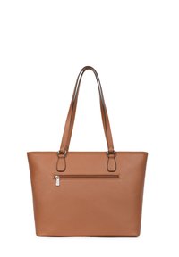 Borsa a spalla in pelle marrone con due manici, forma rettangolare, tasca frontale con zip, texture liscia e sottili dettagli in metallo argentato.