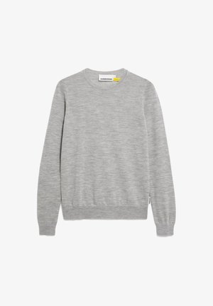 Grijze crewneck sweater van een zachte, gestructureerde stof. Kenmerkt lange mouwen en een aansluitende tailleband met een labeltag aan de zijkant.