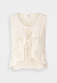 Szydełkowana kamizelka w kolorze ecru, z dekoltem w kształcie litery U i wiązaniem, z misternym ażurowym wzorem i luźnym, zwiewnym krojem.