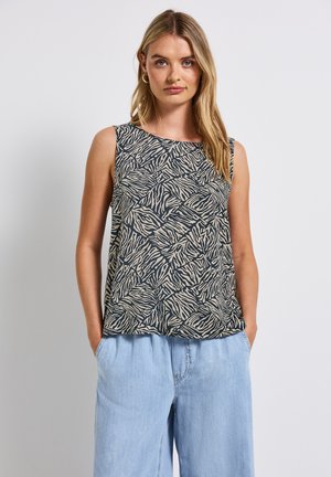 Top senza maniche di colore blu navy con una stampa astratta animale beige. Tessuto morbido, vestibilità rilassata, scollatura rotonda e orlo leggermente arrotondato.