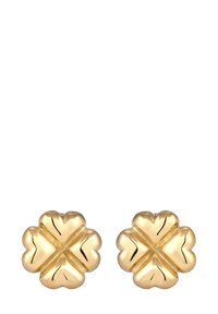 Goldfarbene Metallohrringe in Form eines vierblättrigen Kleeblatts, mit glatten Oberflächen und subtilen Rillenmuster für Textur.