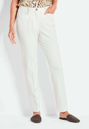 Weiße maßgeschneiderte Hose mit flachem Front, zwei seitlichen Taschen, einem Knopfverschluss und schmaler Passform, aus einem glatten, strukturierten Stoff.