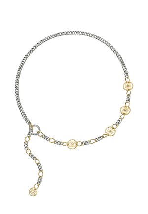 Silver and gold chain necklace with five round gold medallions featuring an intricate cutout design, displayed on a white background.