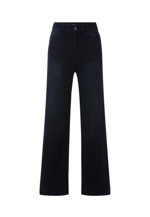 Hoch taillierte schwarze weite Jeans mit vorderem Knopf- und Reißverschluss, Gürtelschlaufen und klassischem Fünf-Taschen-Design.