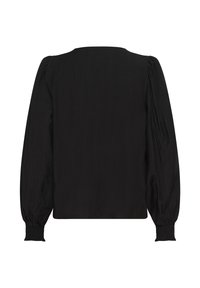 Blouse noire à manches longues avec un col rond. Présente des manches bouffantes froncées et des poignets smockés. Texture lisse, design minimaliste.