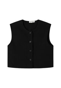 Svart ärmlös väst med rund halsringning, som har en knappknäppning framtill och minimalistisk design. Tillverkad av ett mjukt tyg.