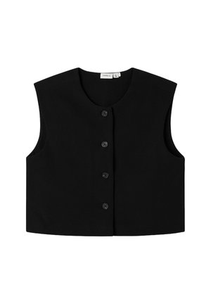 Gilet sans manches noir avec un col rond, doté d'une fermeture à boutons sur le devant et d'un design minimaliste. Fabriqué en tissu lisse.