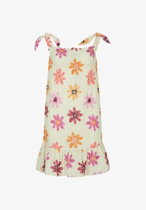 Ärmelloses cremefarbenes Kleid mit Schnürträgern, mehrfarbigem Blumenmuster in Pink, Orange und Rot sowie einem gerafften Saum.