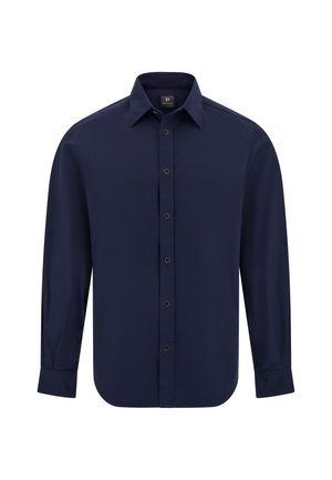 Navy blue button-up shirt with long sleeves, pointed collar, and curved hem. Made of smooth fabric, featuring black buttons down the front.