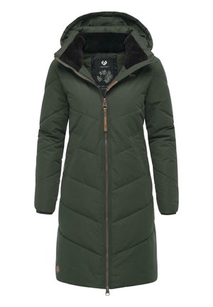 Lang grønn pufferjakke med hette, med glidelås foran, sidelommer og kviltet design. Fôret med svart fleecemateriale for varme.