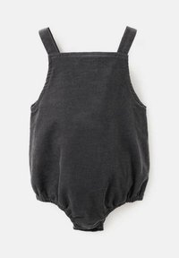 Salopetă din bumbac de culoare gri închis, cu bretele reglabile, fund elastic strâns și textură moale. Design simplu, fără modele sau accente suplimentare.