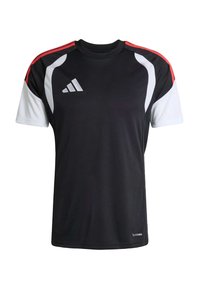 Black sports jersey with white sleeves, red shoulder stripes, white Adidas logo on chest, and Climacool text near hem.