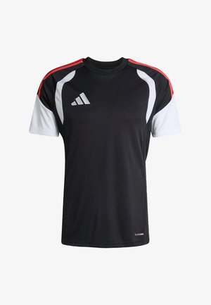 Black sports jersey with white sleeves, red shoulder stripes, white Adidas logo on chest, and Climacool text near hem.