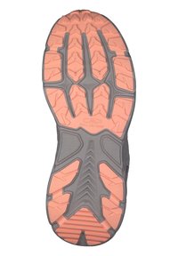 Suela de zapatilla de trail running, con una base de goma gris y un vibrante patrón melocotón. Los surcos y relieves profundos mejoran la tracción y la durabilidad.