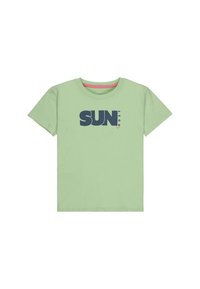 Světle zelené tričko z bavlny s krátkým rukávem a kulatým výstřihem, s velkým námořnickým grafikou "SUN" a malým logem "ROXY".