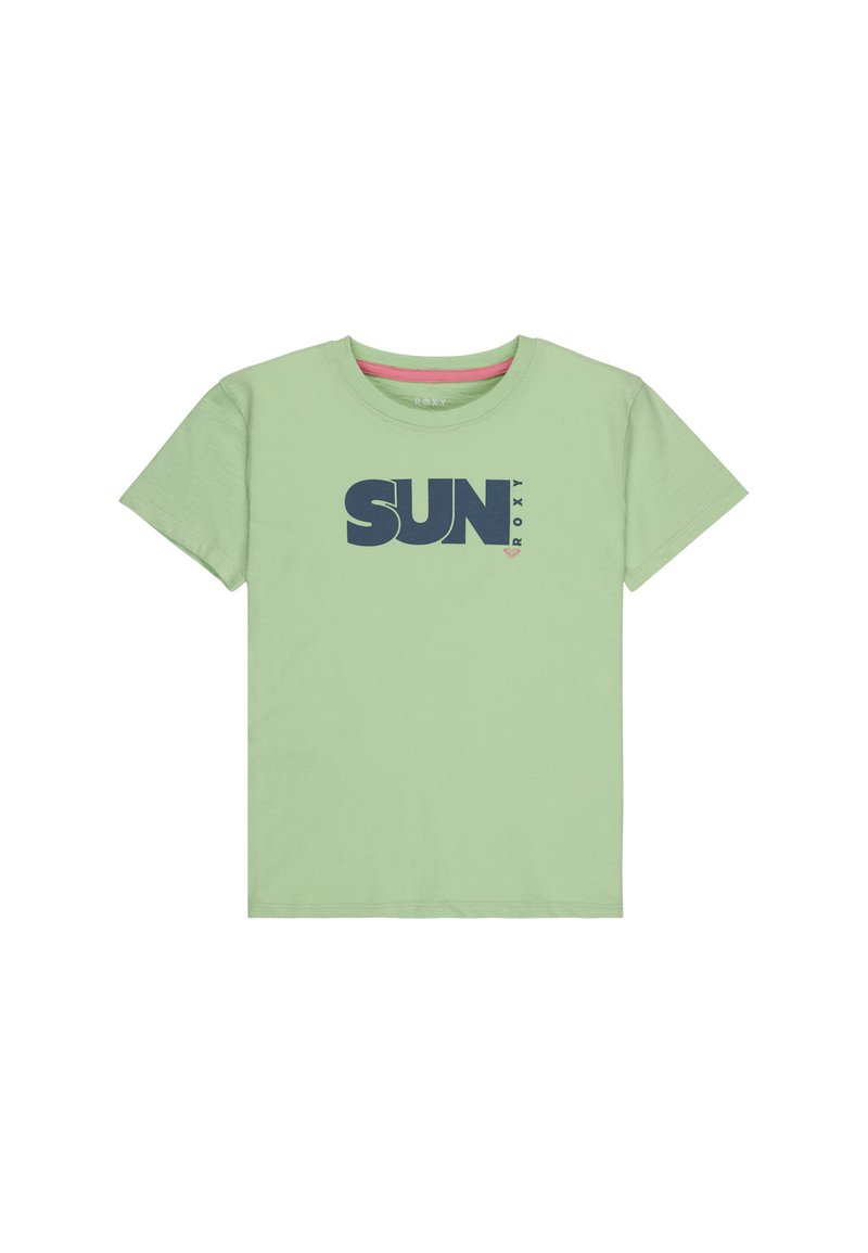 Světle zelené tričko z bavlny s krátkým rukávem a kulatým výstřihem, s velkým námořnickým grafikou "SUN" a malým logem "ROXY".