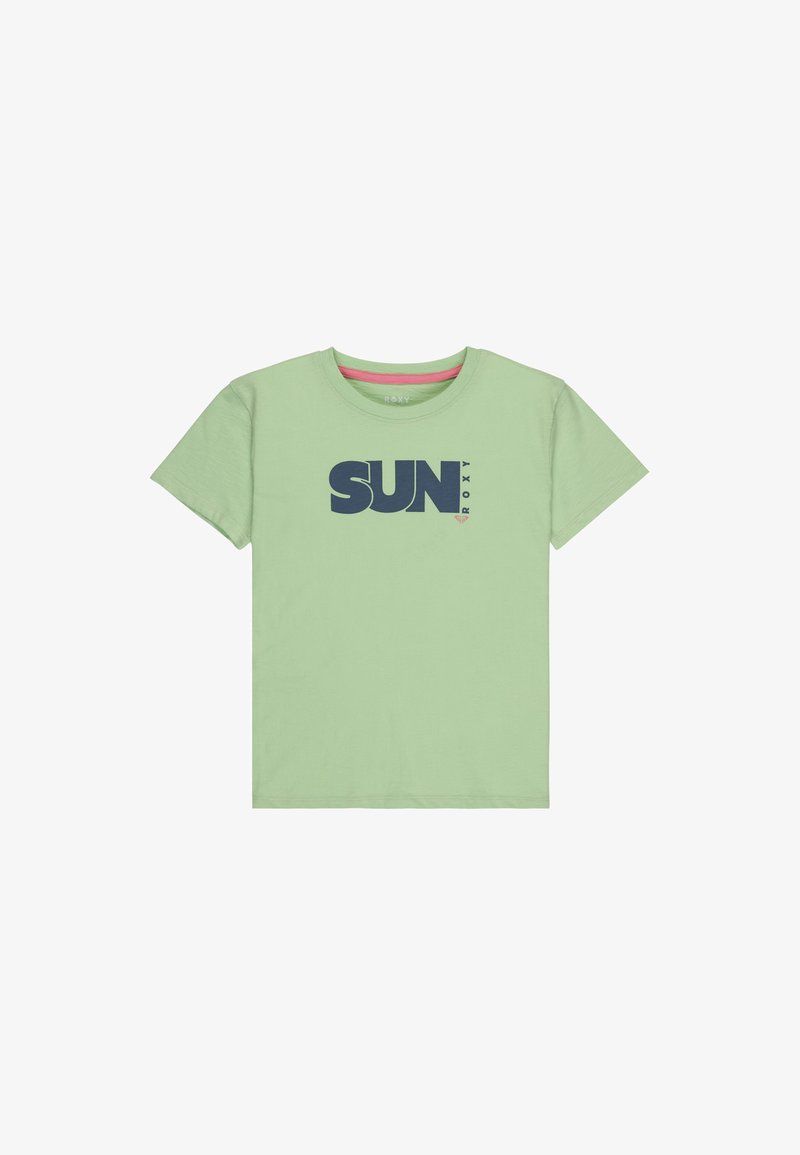Světle zelené tričko z bavlny s krátkým rukávem a kulatým výstřihem, s velkým námořnickým grafikou "SUN" a malým logem "ROXY".