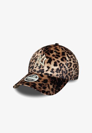 Leopard-print velvet baseball cap with a curved brim, featuring an embroidered logo in light beige and a branded tag on the underside.