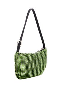 Borsa con strass verde, dotata di una tracolla in pelle nera, forma arrotondata e accessori in argento. Chiusura a zip nella parte superiore.