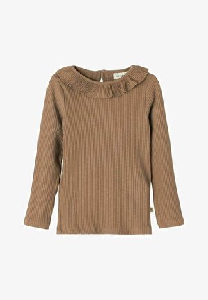 Brązowa prążkowana koszula z długim rękawem, z falbanowym kołnierzem, zaokrąglonym dekoltem i zapięciem na guzik z tyłu.