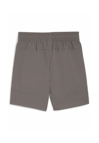 Grå sportshorts med elastisk midja, slät textur, knälång design och sidofickdekor. Inga synliga fickor.