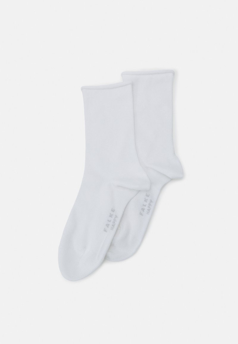 White cotton crew socks with smooth texture, featuring light grey "FALKE" branding. Simple design, no patterns or accents.