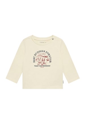 Maglietta tenera a maniche lunghe color crema per neonati con due tazze di caffè da cartone animate che si tengono per mano e testo "Migliori amici per sempre" e "Brindisi all'amicizia".