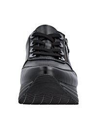 Black leather sneaker with round toe, textured lace-up front, side zipper, and ribbed rubber sole. Features metallic accents on laces.