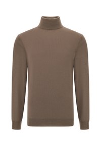 Hnedý rolák v hladkej úplete, s dlhými rukávmi a rebrovanými manžetami a spodným lemom. Jednoduchý, bezšvový dizajn bez vzorov.